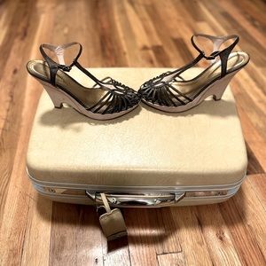 BCBG MaxAzria Strappy Black and Gold suede leather wedge heels size 9 39 (9B)